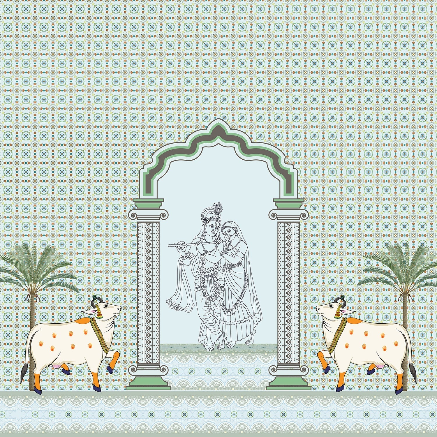 Traditional Indian arch with geometric lattice background and tropical plants in modern setting - view 15 - final