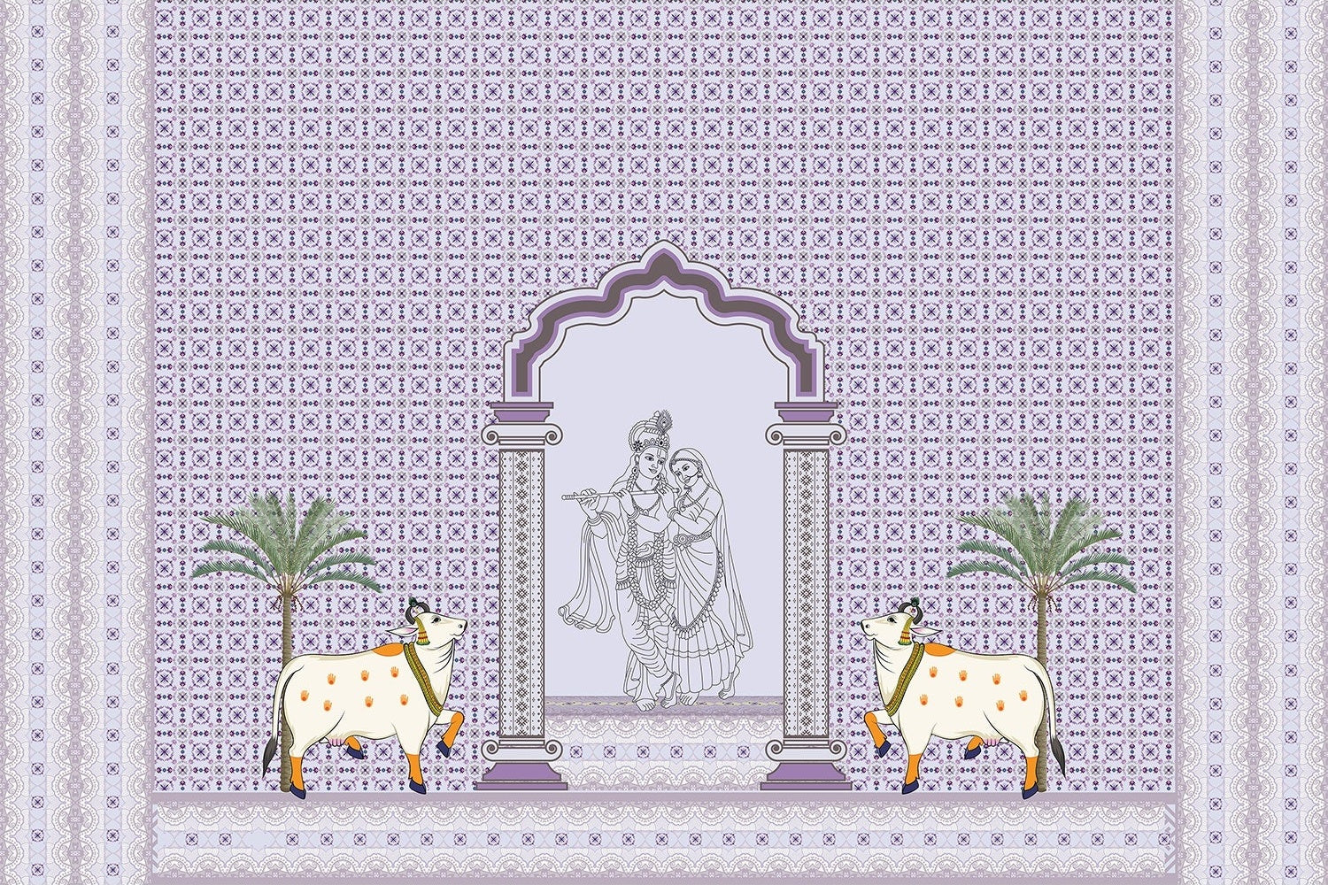 "Divine Radha and Krishna lea - patterns wallpaper mural-inequal final"