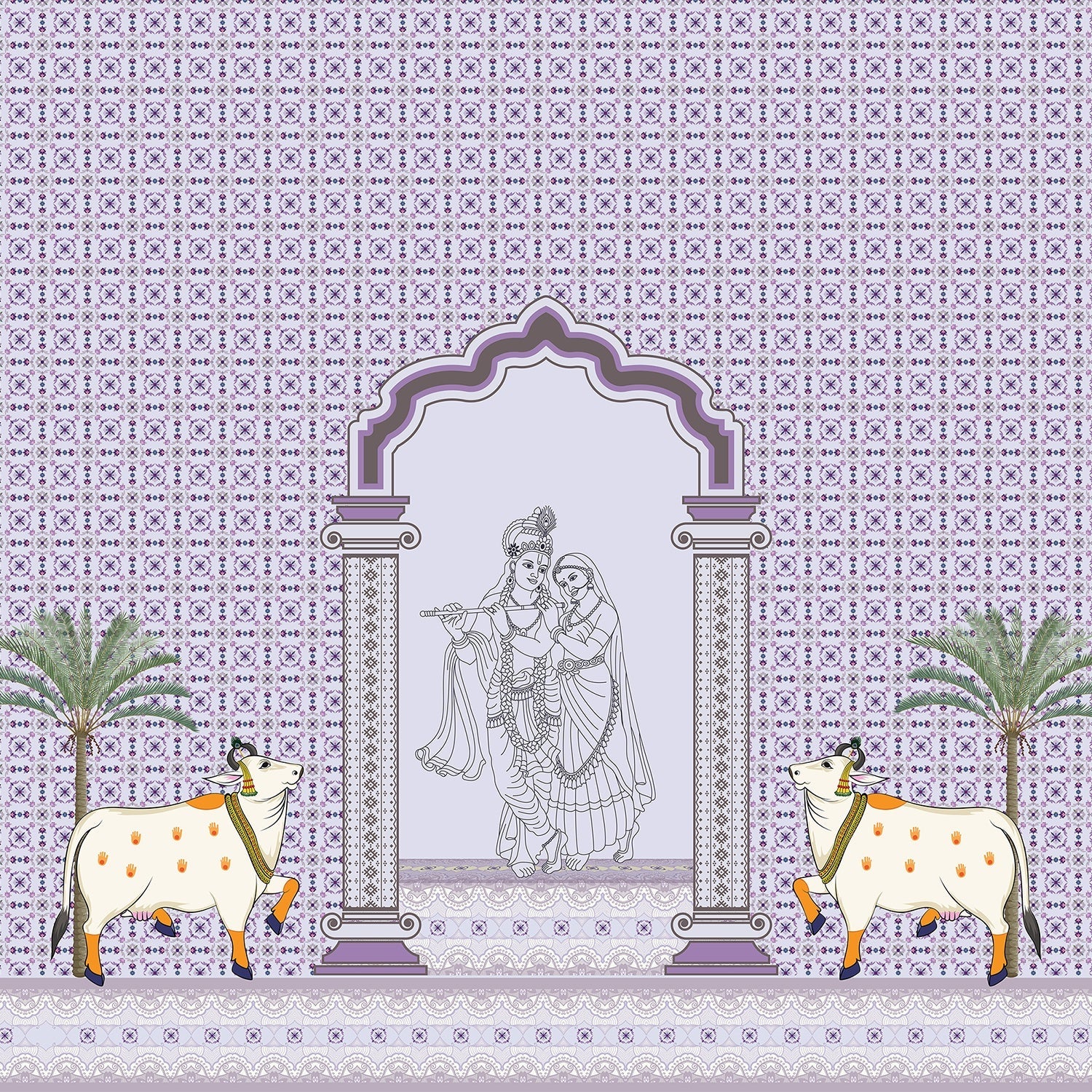 Traditional Indian arch with geometric lattice background and tropical plants in modern setting - view 18 - final