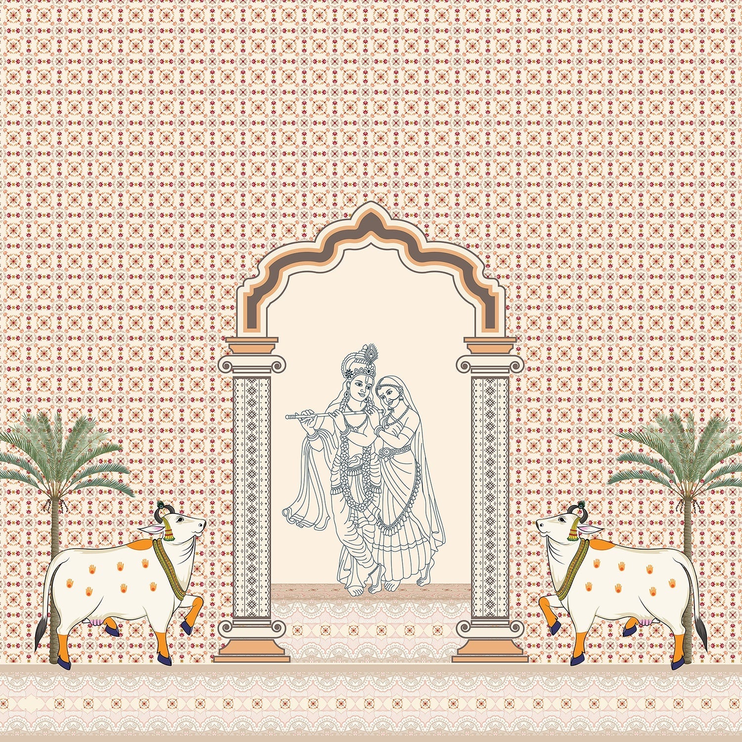 Traditional Indian arch with geometric lattice background and tropical plants in modern setting - view 2 - final