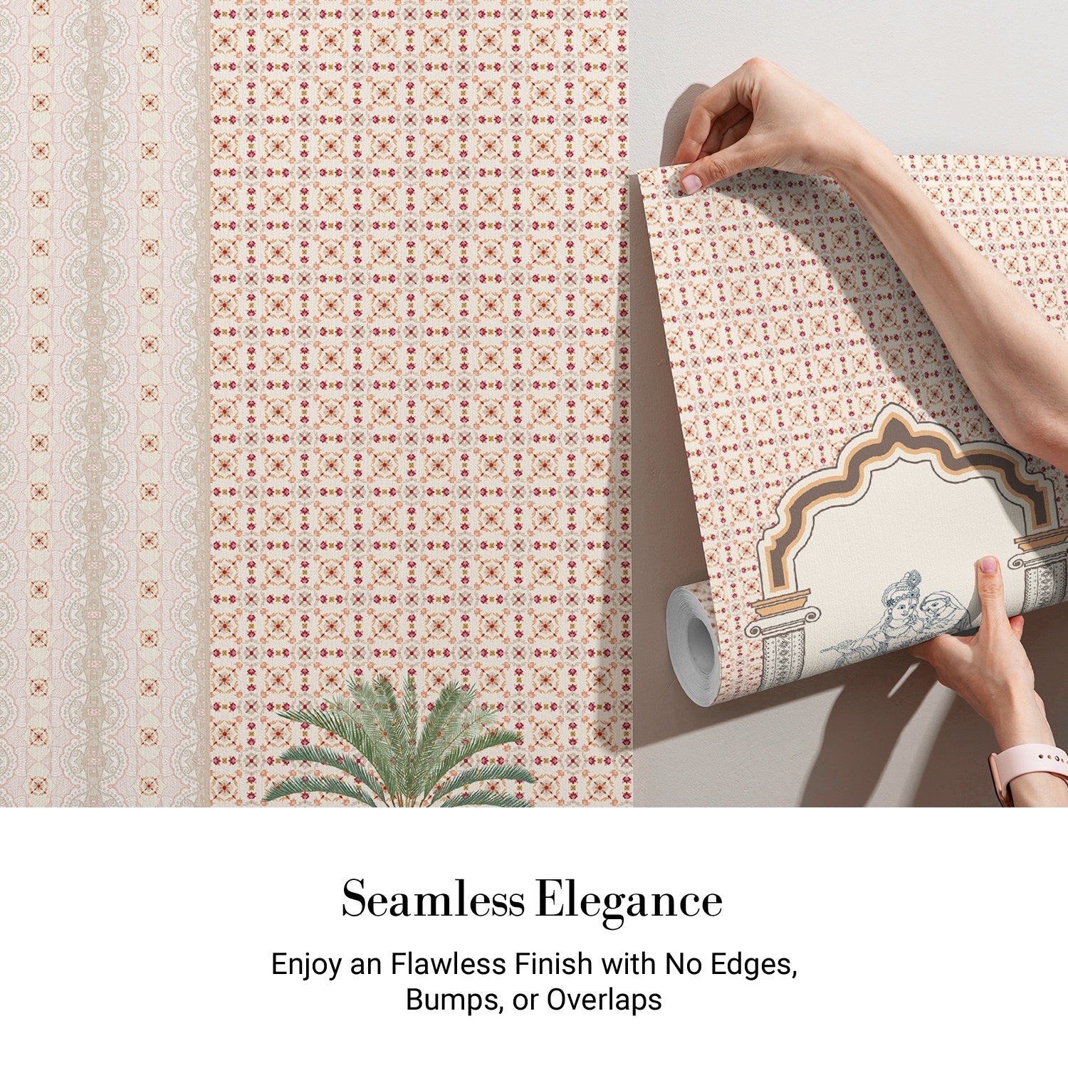 Traditional Indian arch with geometric lattice background and tropical plants in modern setting - view 3 - final