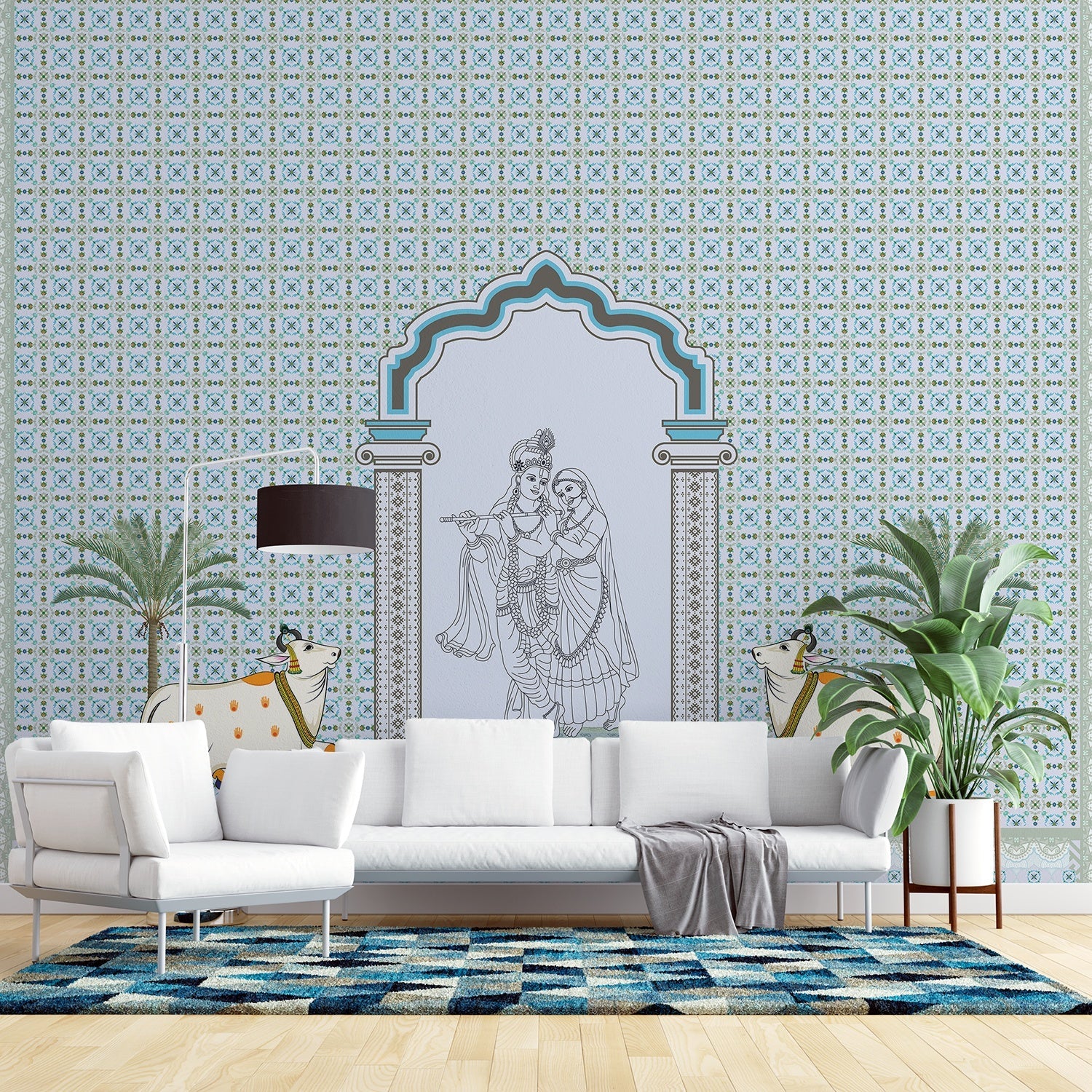 Traditional Indian arch with geometric lattice background and tropical plants in modern setting - view 5 - final