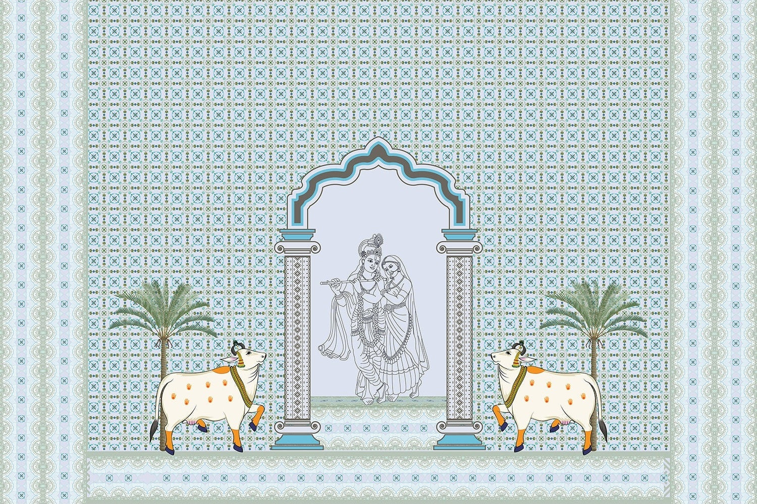 "Divine Radha and Krishna lea - patterns wallpaper mural-inequal final"