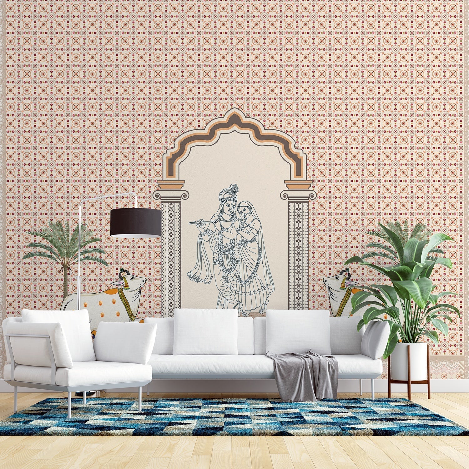 Traditional Indian arch with geometric lattice background and tropical plants in modern setting - final living-room