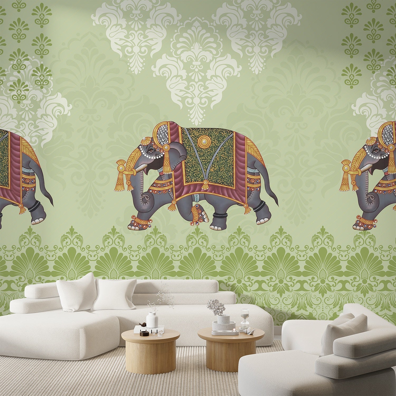 Ornate Indian elephants with decorative trappings on turquoise damask background with cream medallions - view 11 - final