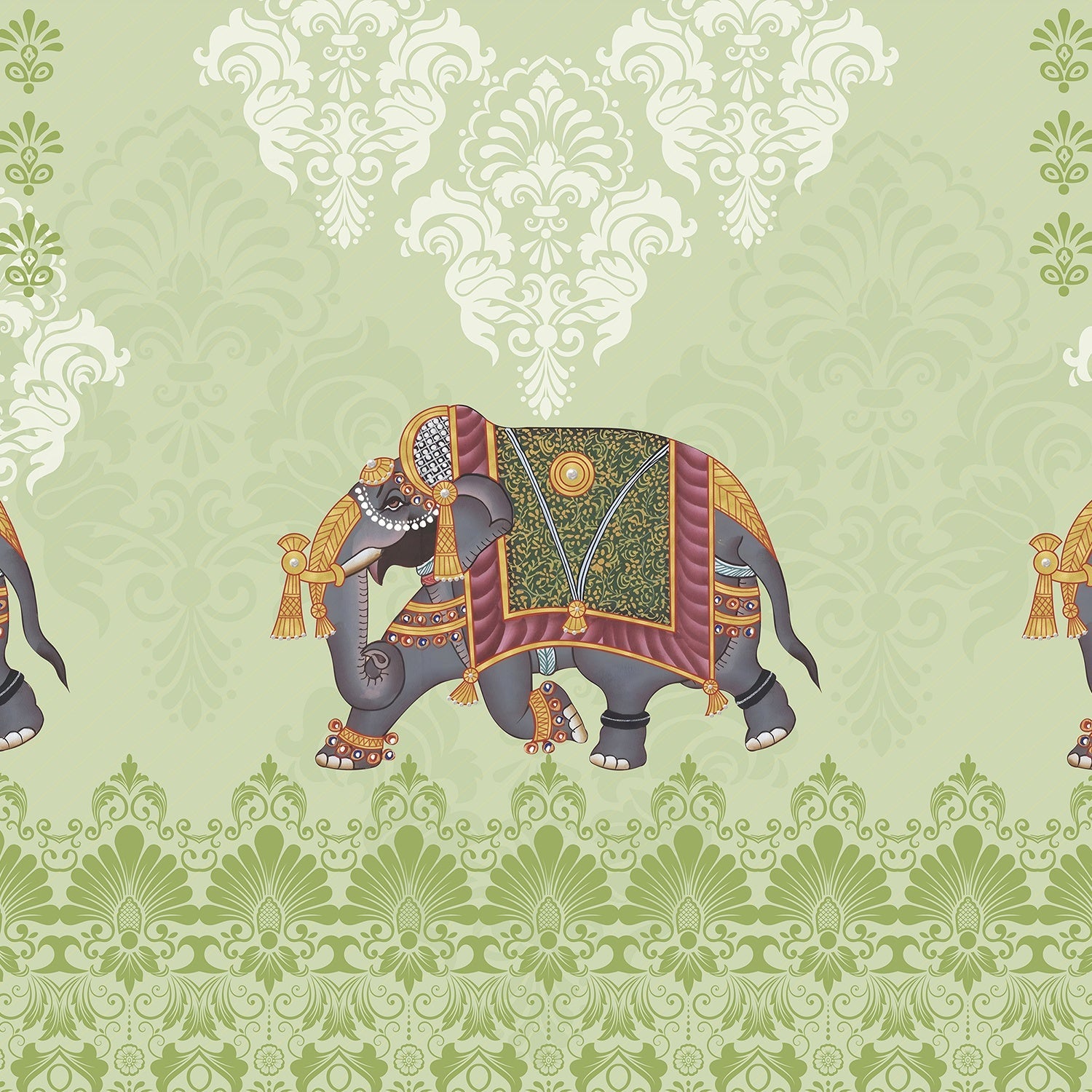 Ornate Indian elephants with decorative trappings on turquoise damask background with cream medallions - view 12 - final