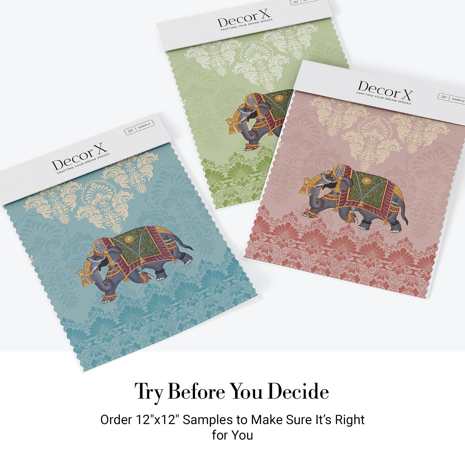 Ornate Indian elephants with decorative trappings on turquoise damask background with cream medallions - view 15 - final all-groups samples