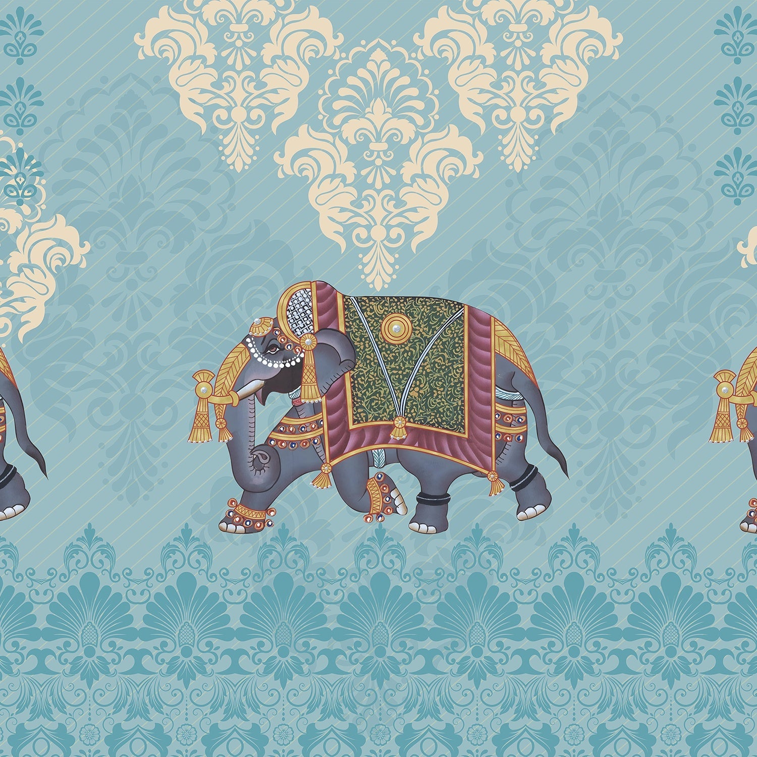 Ornate Indian elephants with decorative trappings on turquoise damask background with cream medallions - view 2 - final