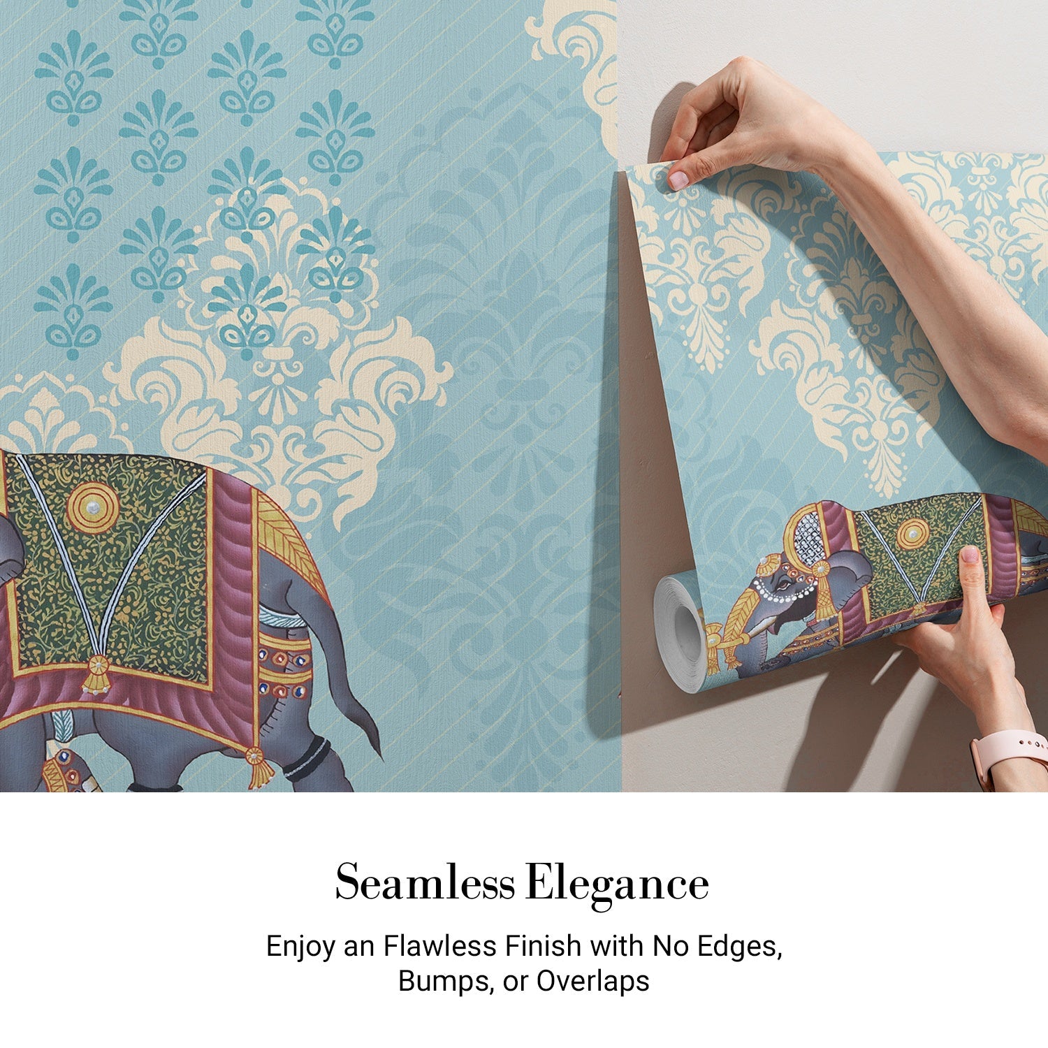 Ornate Indian elephants with decorative trappings on turquoise damask background with cream medallions - view 3 - final