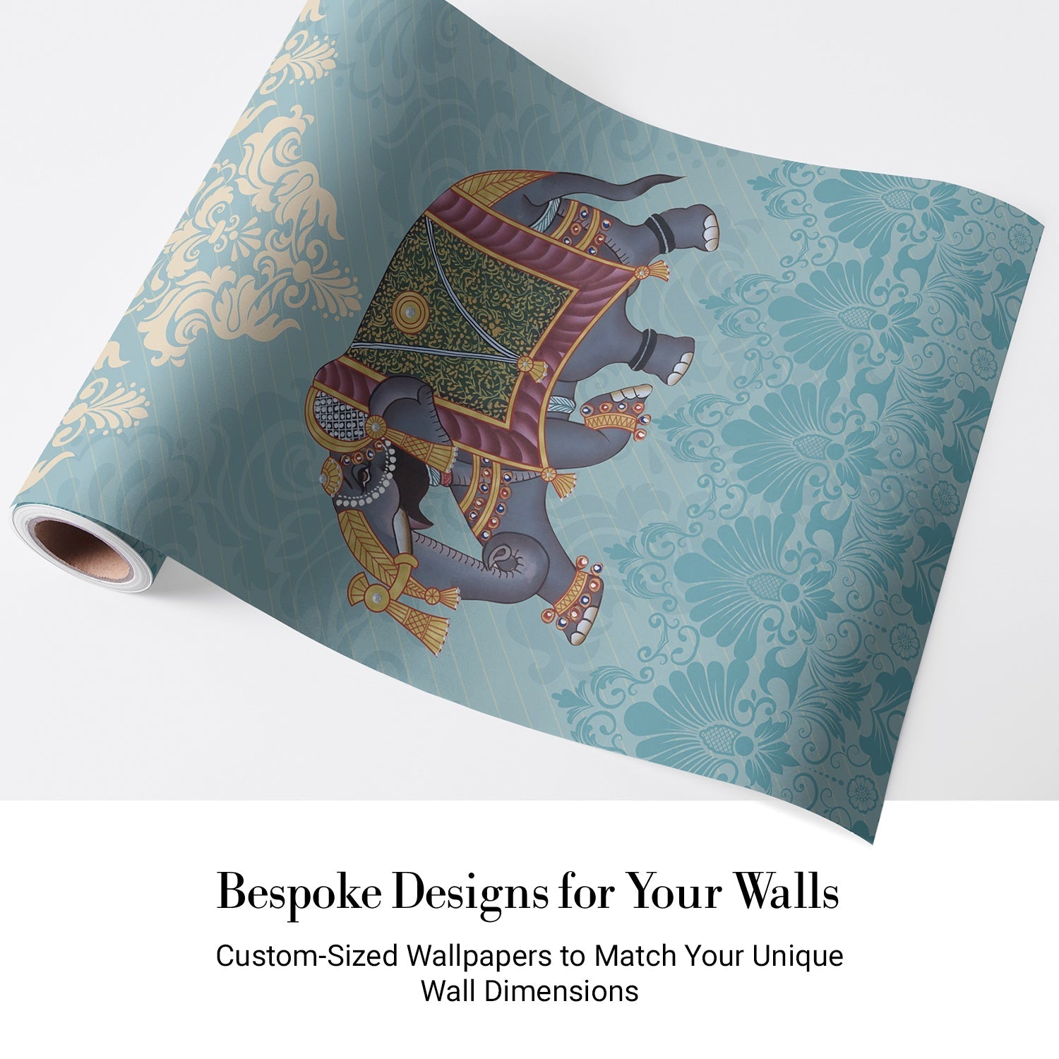 Ornate Indian elephants with decorative trappings on turquoise damask background with cream medallions - view 4 - final