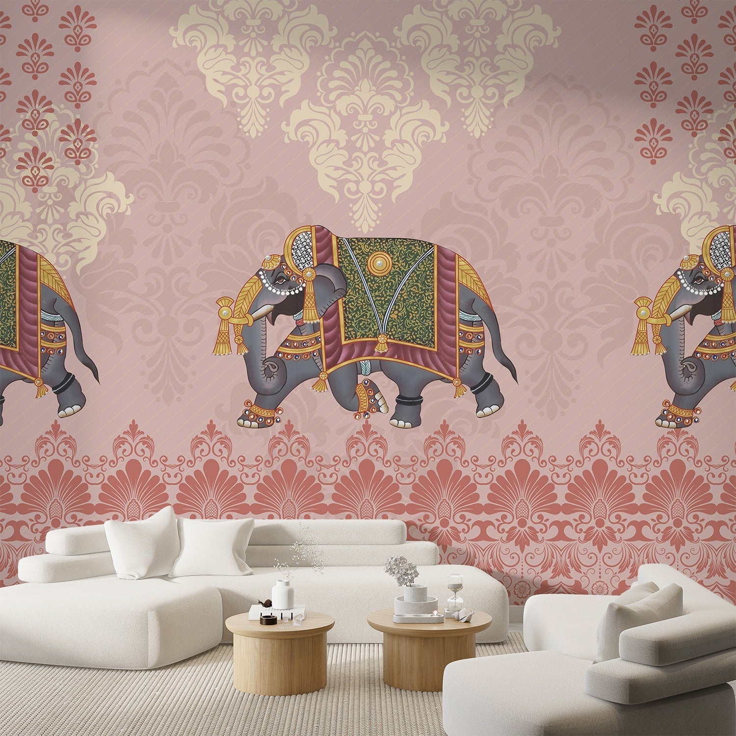 Ornate Indian elephants with decorative trappings on turquoise damask background with cream medallions - view 7 - final
