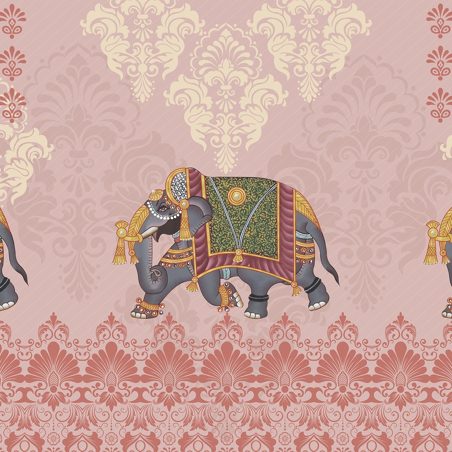 Ornate Indian elephants with decorative trappings on turquoise damask background with cream medallions - view 8 - final