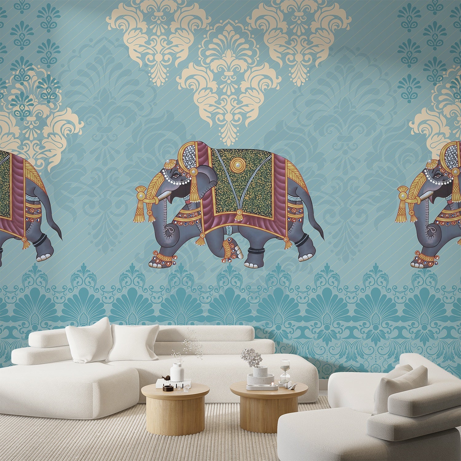 Ornate Indian elephants with decorative trappings on turquoise damask background with cream medallions - final living-room