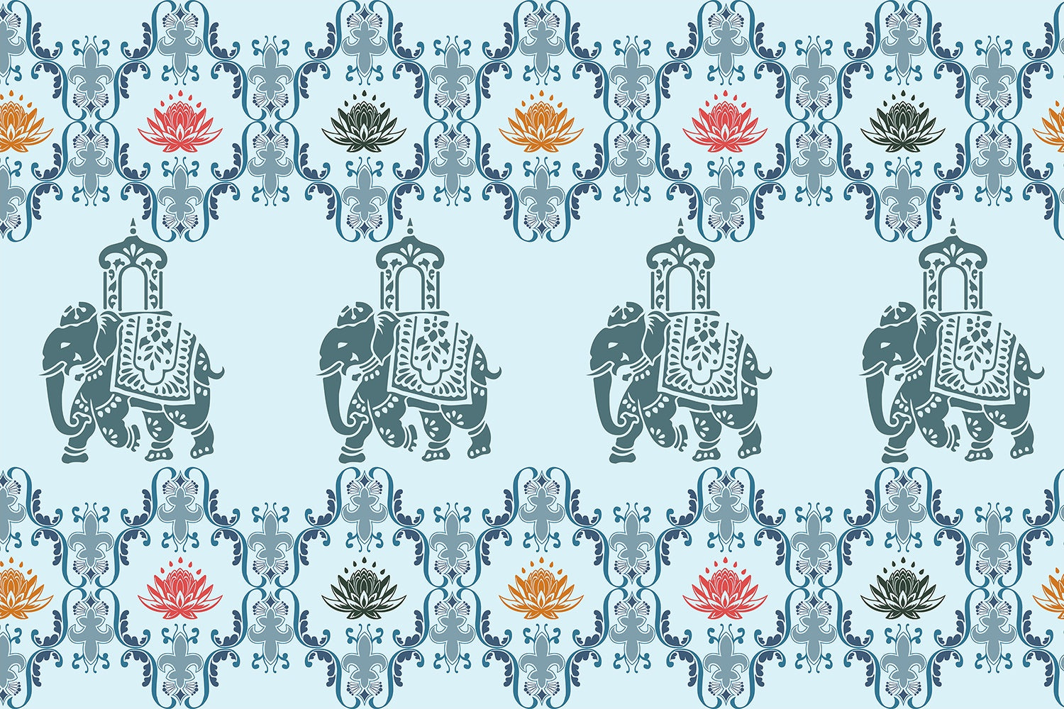 "Lotus harmony with regal elephant in lea - mughal wallpaper mural-inequal final"