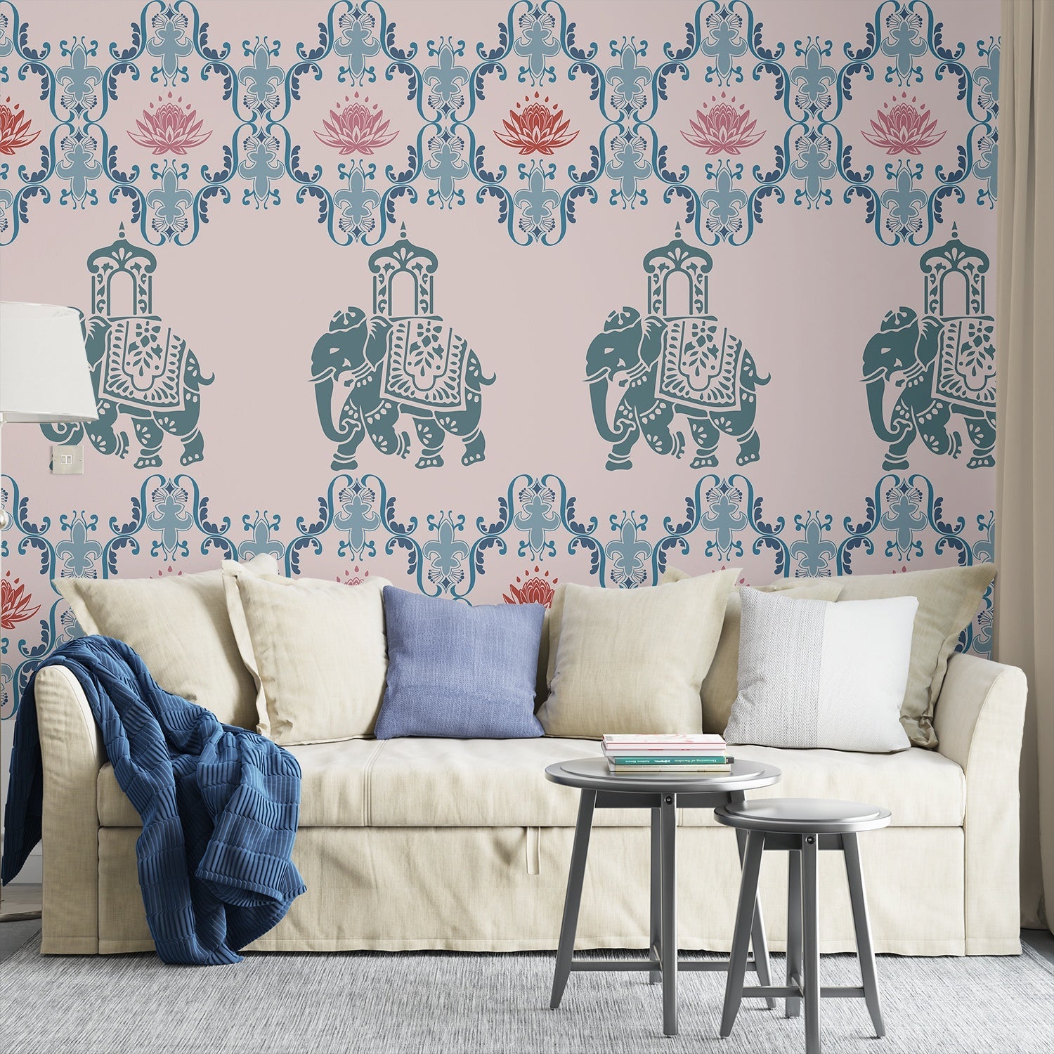 Pink elephants and lotus flowers in ornate gold frames create traditional Indian pattern - view 11 - final