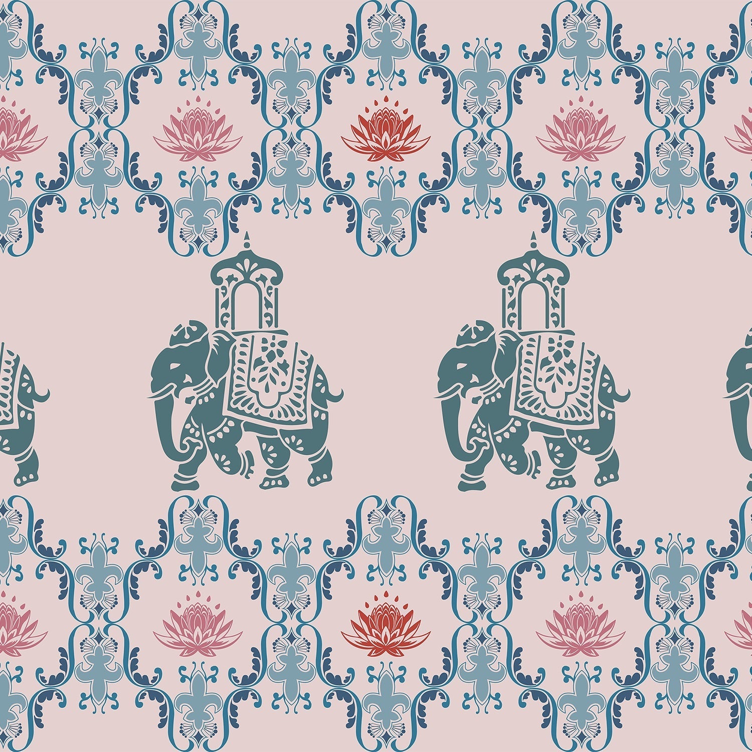 Pink elephants and lotus flowers in ornate gold frames create traditional Indian pattern - view 12 - final