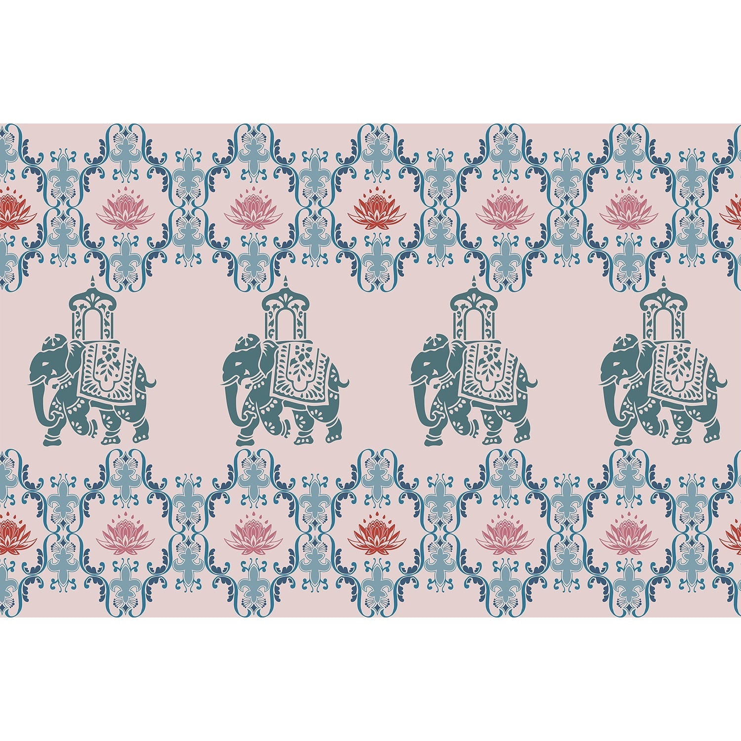"Lotus harmony with regal elephant in lea - mughal wallpaper mural-equal final"
