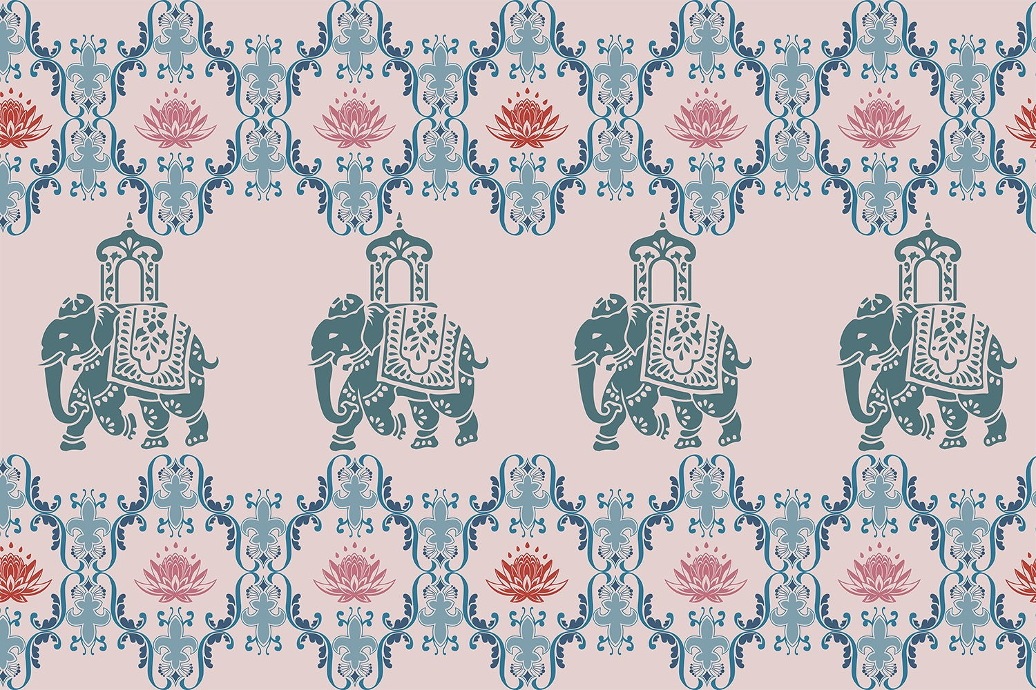 "Lotus harmony with regal elephant in lea - mughal wallpaper mural-inequal final"