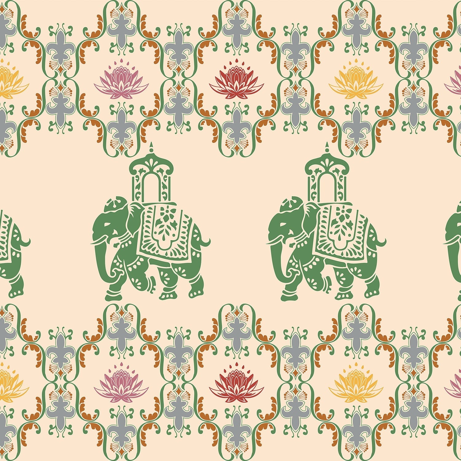 Pink elephants and lotus flowers in ornate gold frames create traditional Indian pattern - view 16 - final