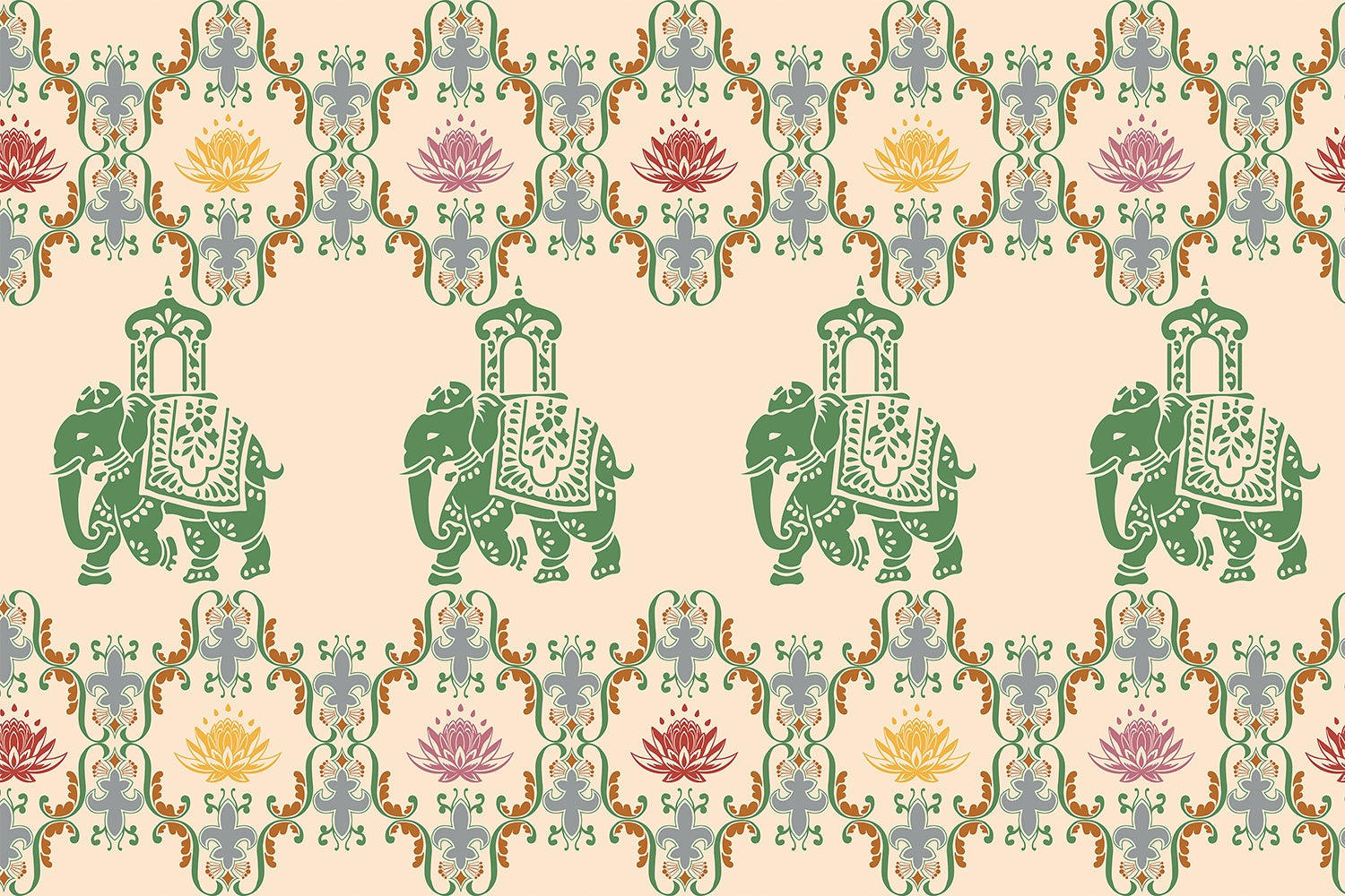 "Lotus harmony with regal elephant in lea - mughal wallpaper mural-inequal final"