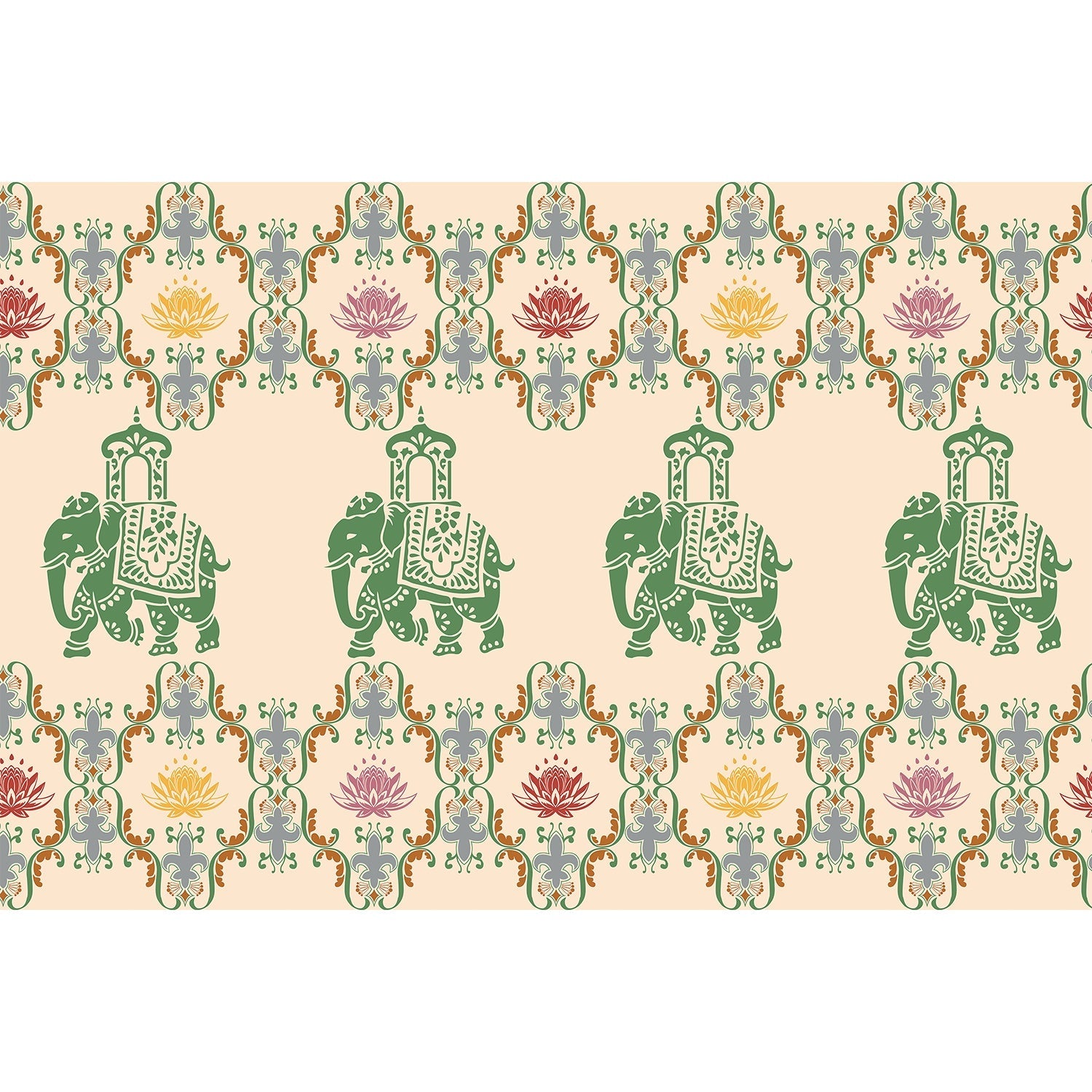 "Lotus harmony with regal elephant in lea - mughal wallpaper mural-equal final"