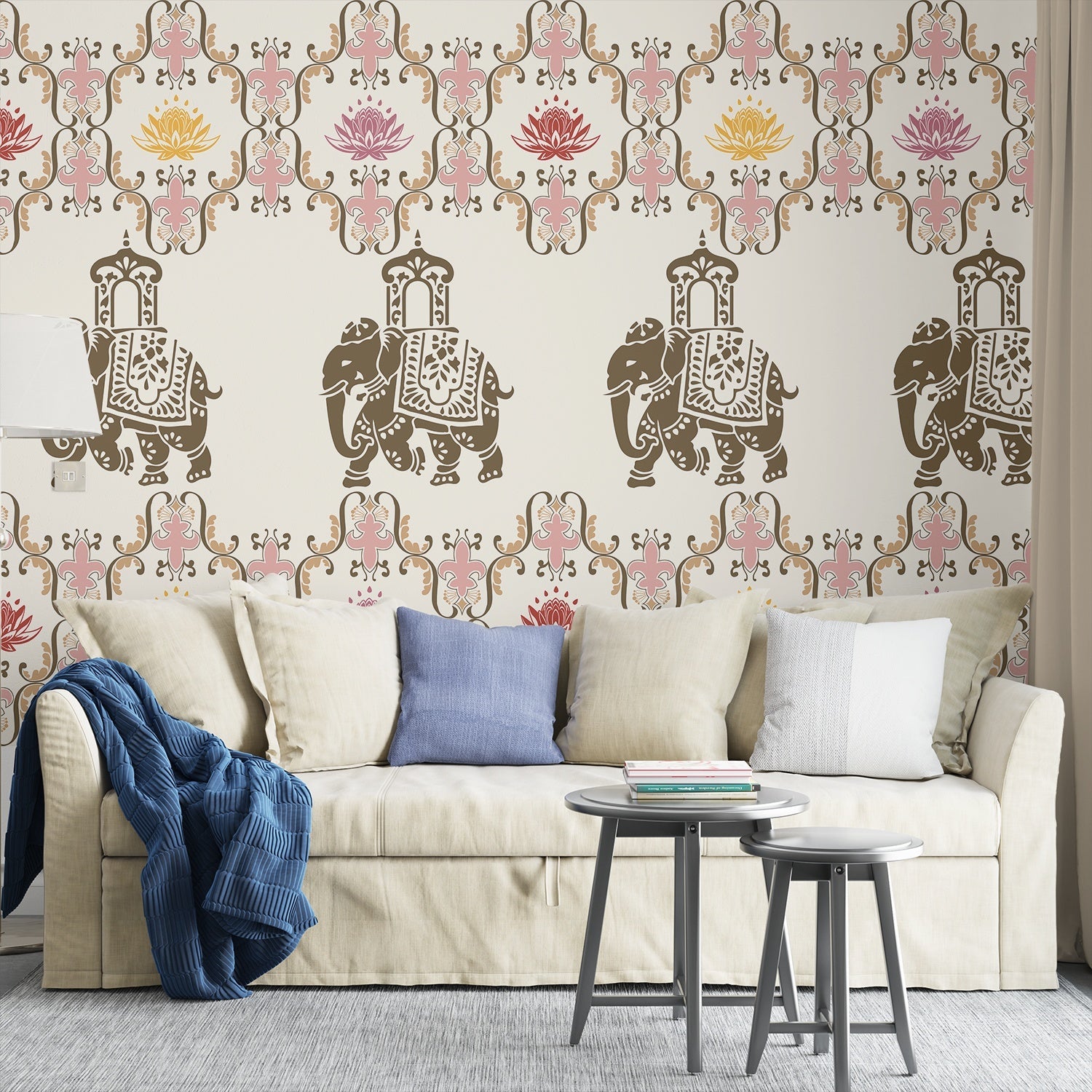 Pink elephants and lotus flowers in ornate gold frames create traditional Indian pattern - view 19 - final