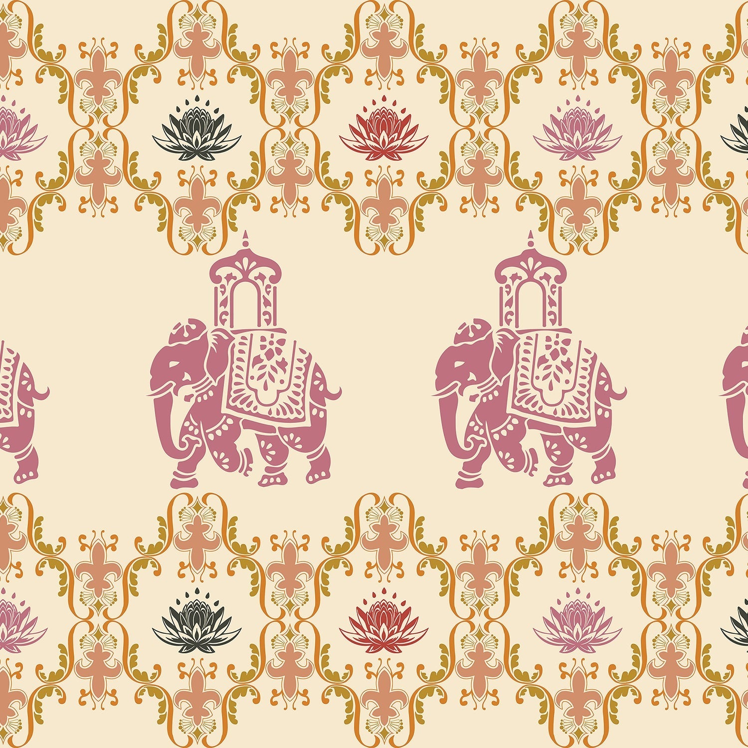 Pink elephants and lotus flowers in ornate gold frames create traditional Indian pattern - view 2 - final