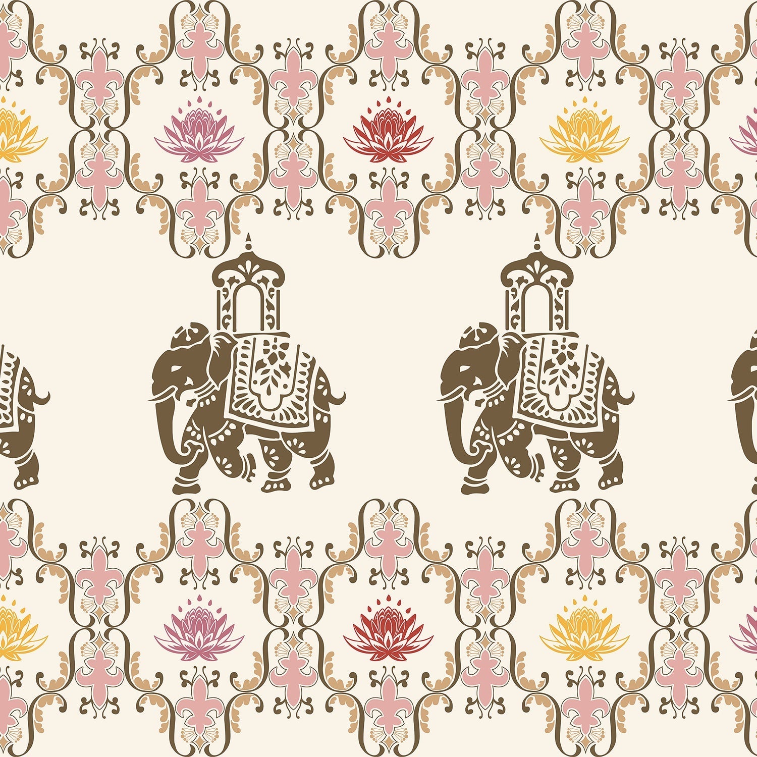 Pink elephants and lotus flowers in ornate gold frames create traditional Indian pattern - view 20 - final