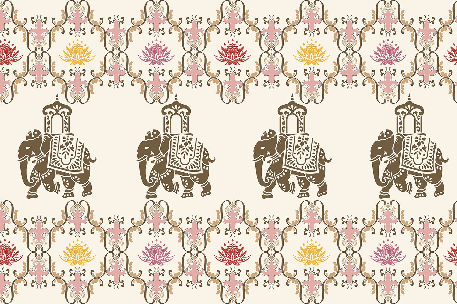 "Lotus harmony with regal elephant in lea - mughal wallpaper mural-inequal final"