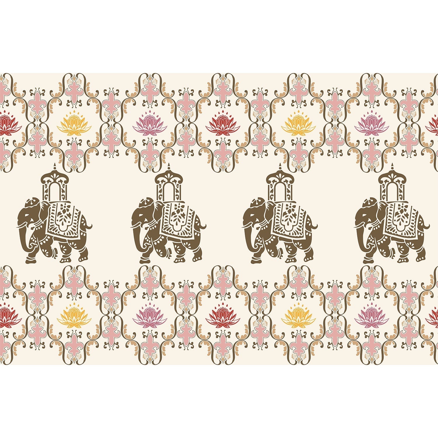 "Lotus harmony with regal elephant in lea - mughal wallpaper mural-equal final"
