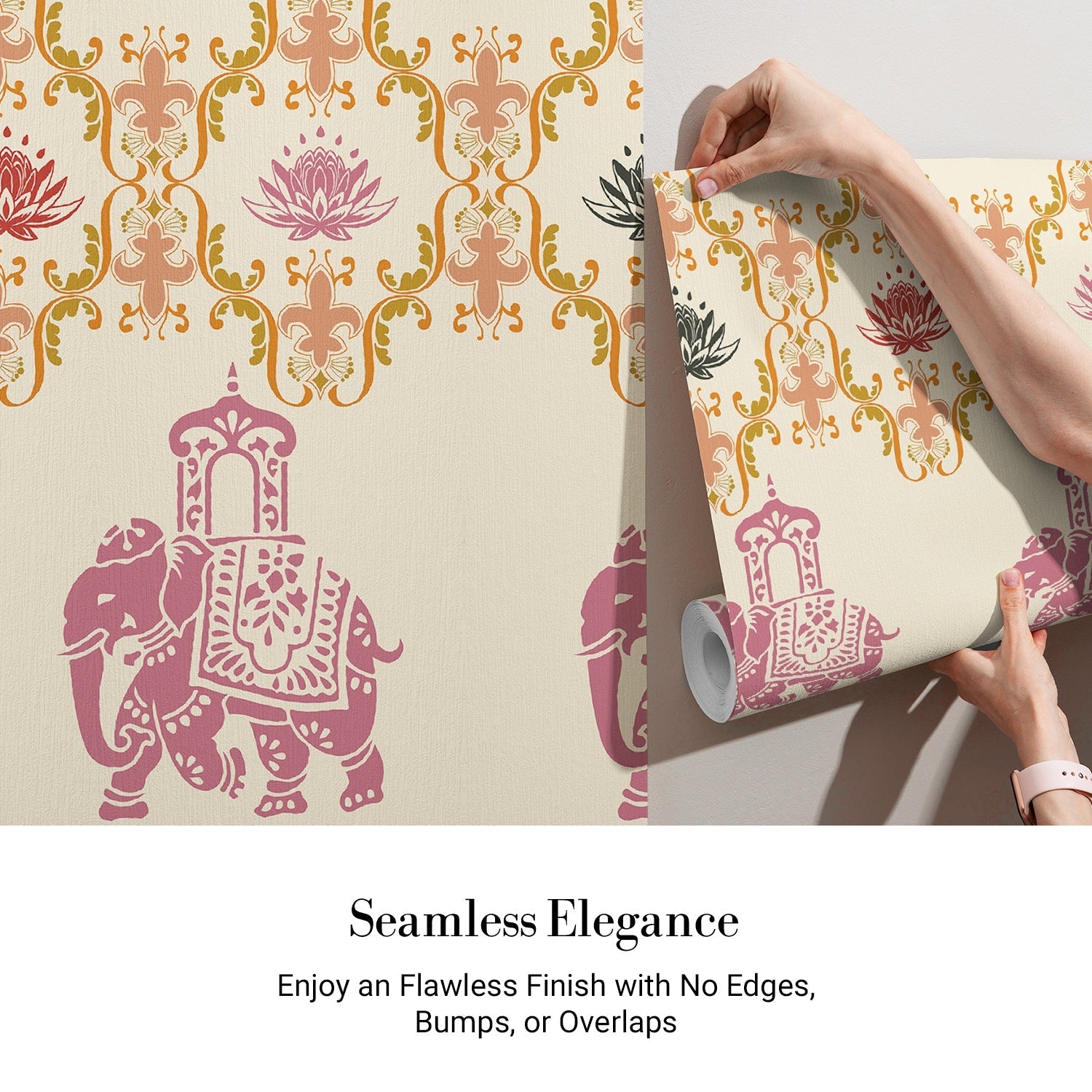 Pink elephants and lotus flowers in ornate gold frames create traditional Indian pattern - view 3 - final