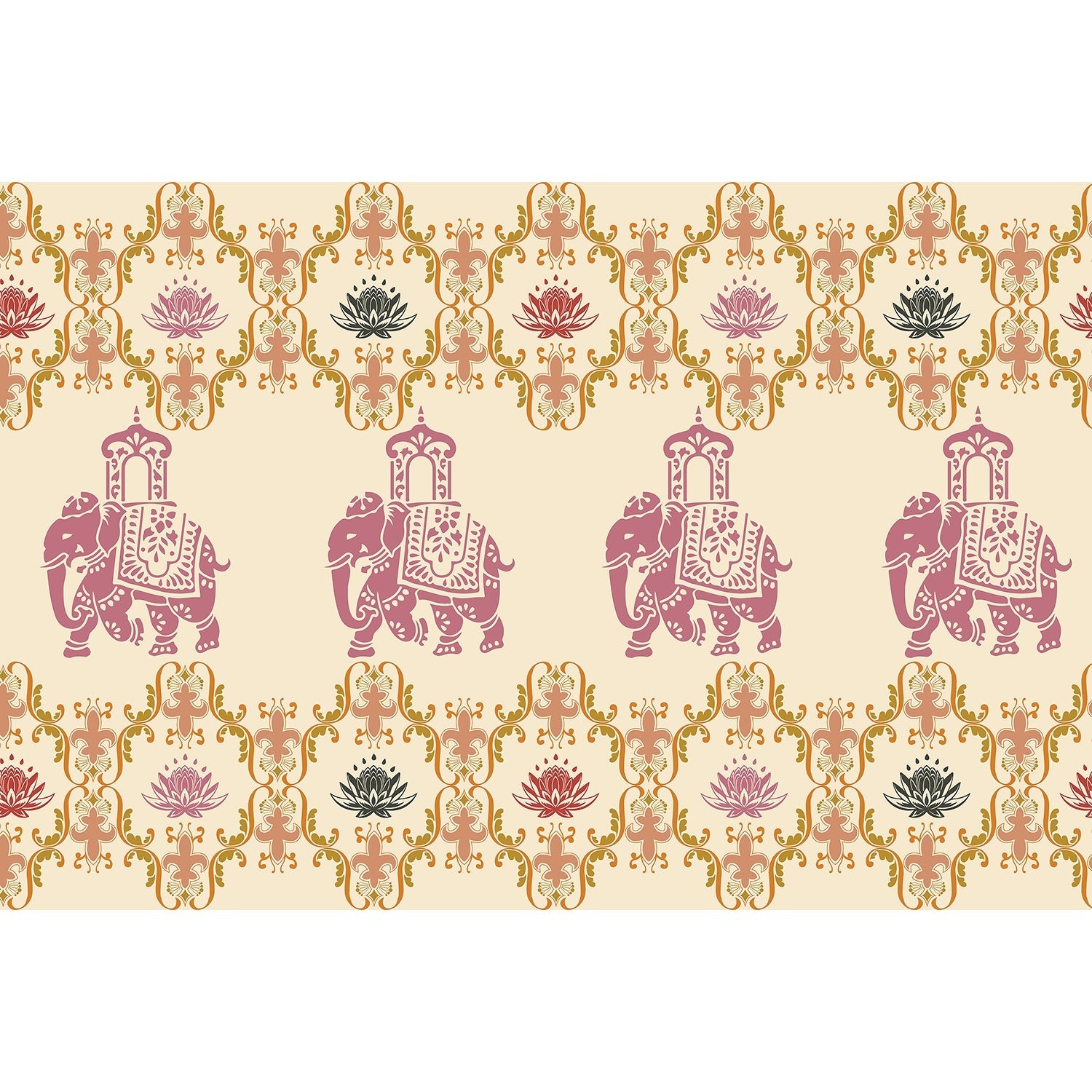 Pink elephants and lotus flowers in ornate gold frames create traditional Indian pattern - view 5 - mural-equal - final