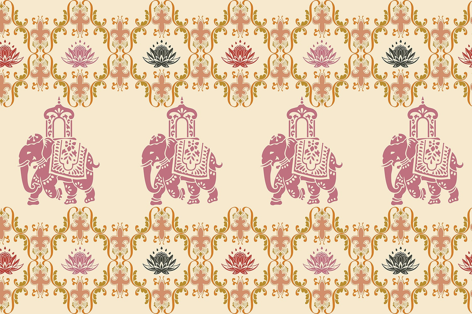 Pink elephants and lotus flowers in ornate gold frames create traditional Indian pattern - view 6 - mural-inequal - final