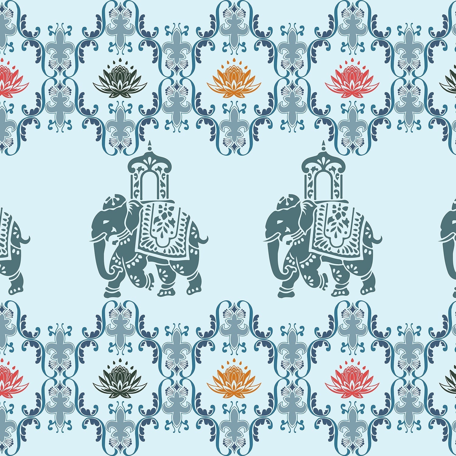 Pink elephants and lotus flowers in ornate gold frames create traditional Indian pattern - view 8 - final