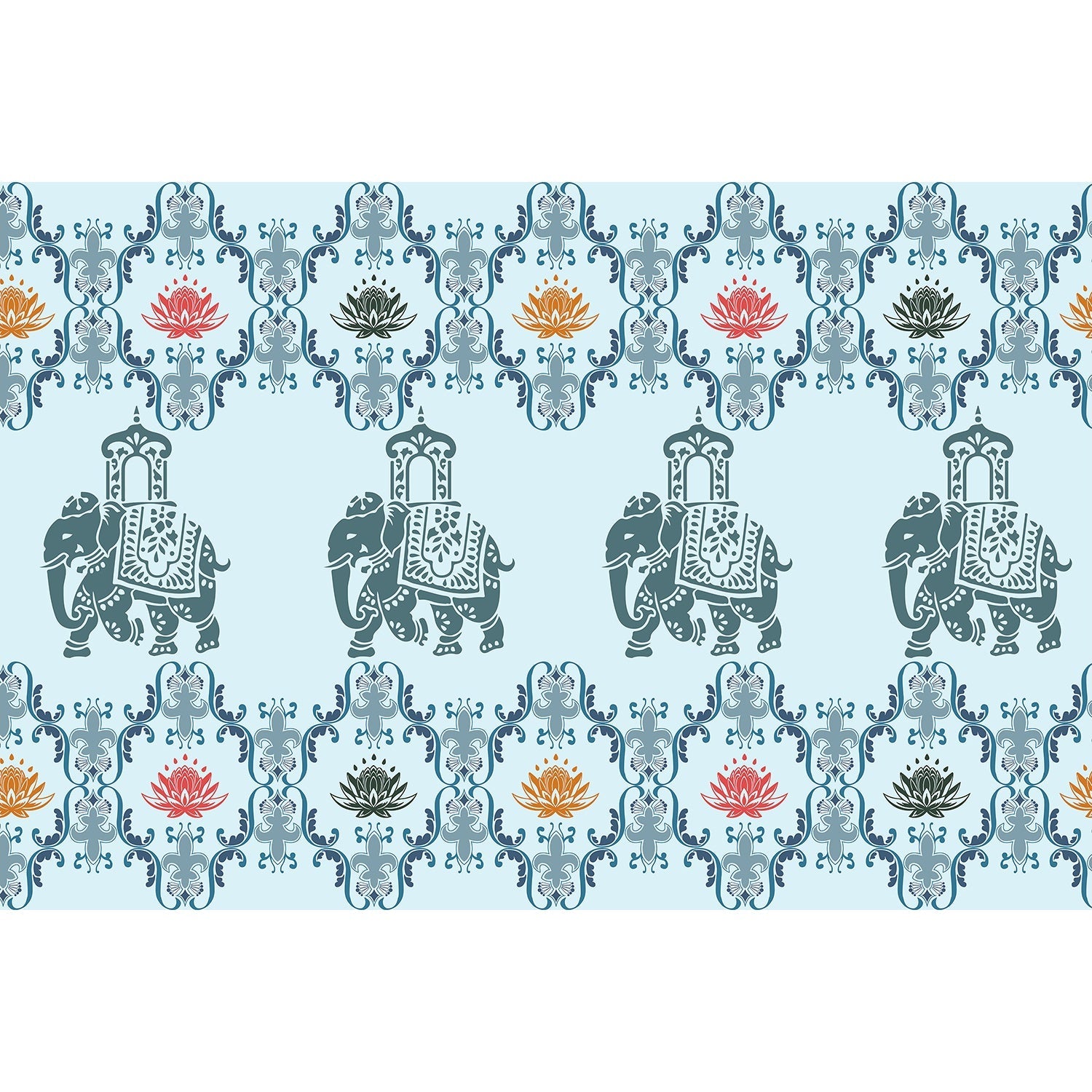 "Lotus harmony with regal elephant in lea - mughal wallpaper mural-equal final"