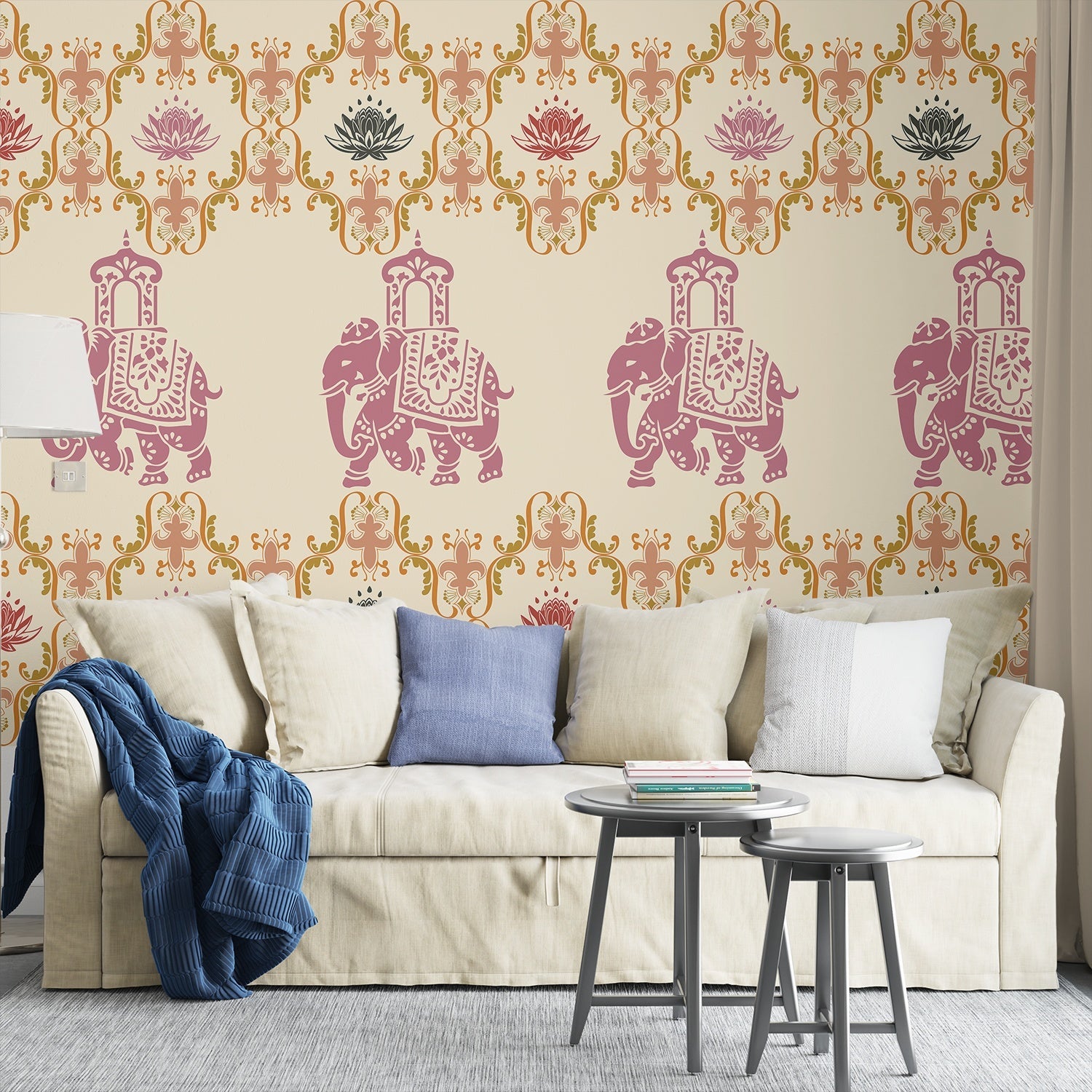 Pink elephants and lotus flowers in ornate gold frames create traditional Indian pattern - final living-room