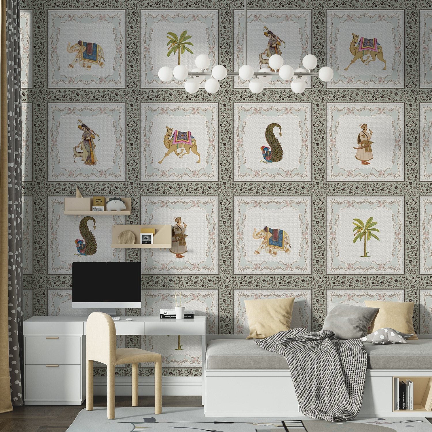 Traditional Mughal art panels featuring decorated elephants, palm trees and ornate border details - view 10 - final