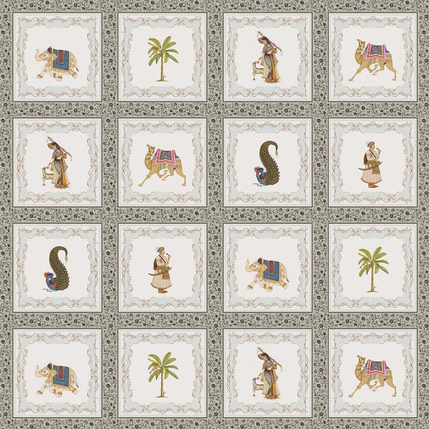 Traditional Mughal art panels featuring decorated elephants, palm trees and ornate border details - view 11 - final