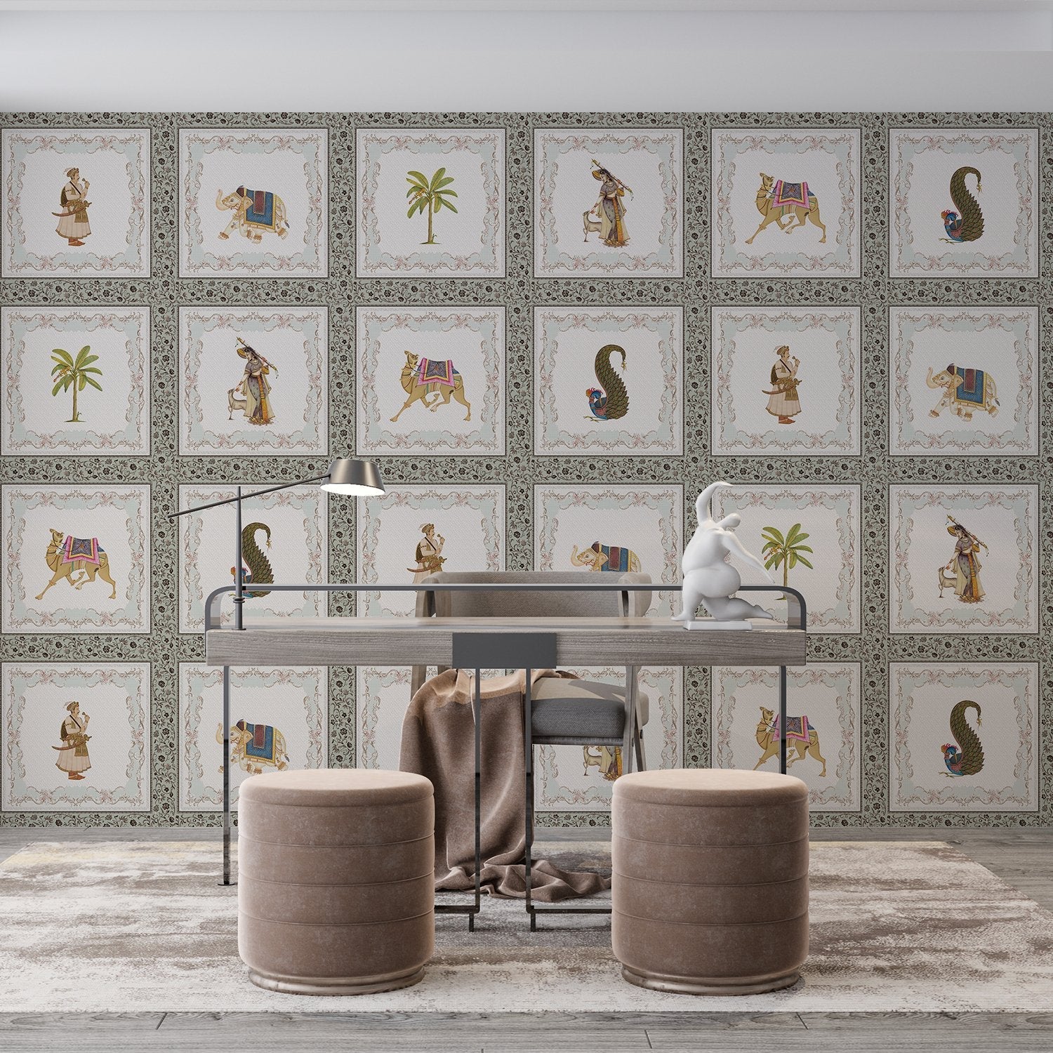 Traditional Mughal art panels featuring decorated elephants, palm trees and ornate border details - view 12 - final