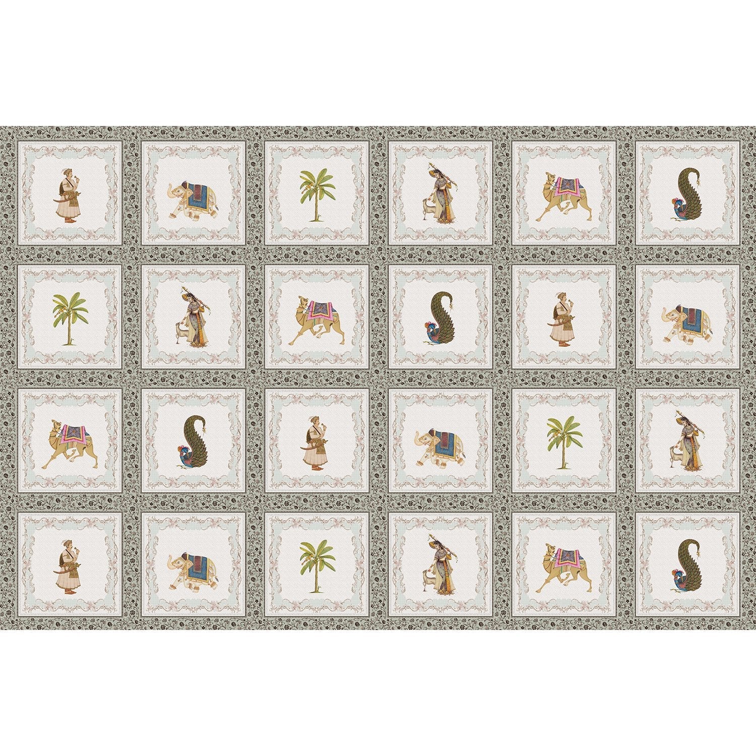 Traditional Mughal art panels featuring decorated elephants, palm trees and ornate border details - view 13 - final