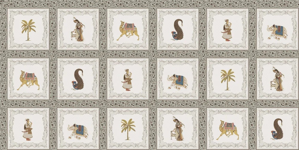 Traditional Mughal art panels featuring decorated elephants, palm trees and ornate border details - view 15 - repeat-small - final