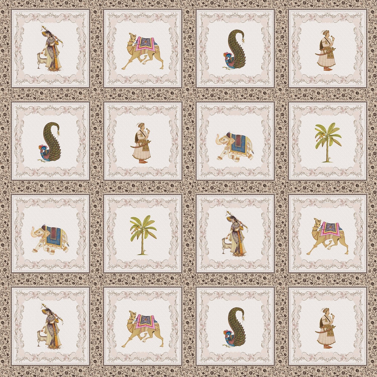 Traditional Mughal art panels featuring decorated elephants, palm trees and ornate border details - view 2 - final