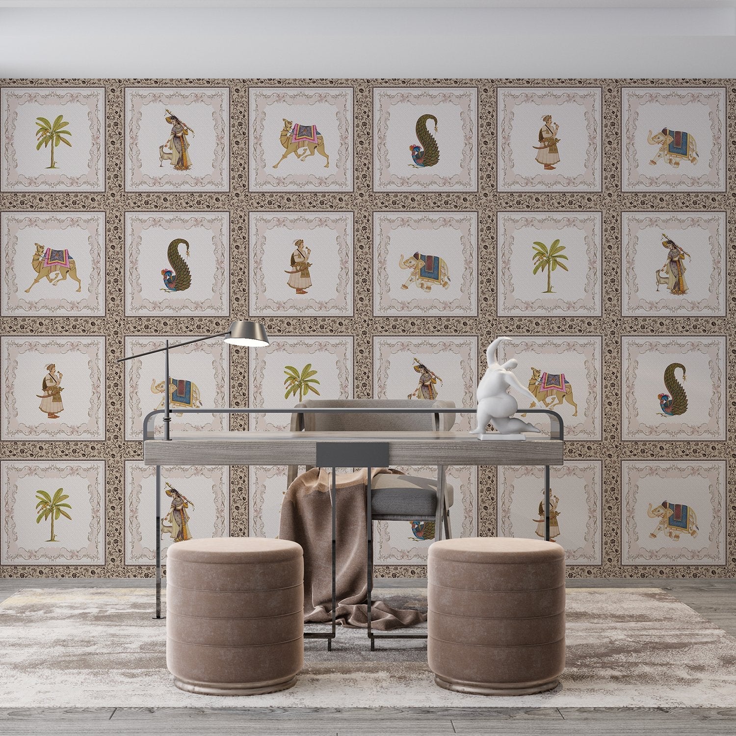 Traditional Mughal art panels featuring decorated elephants, palm trees and ornate border details - view 3 - final hobby-room