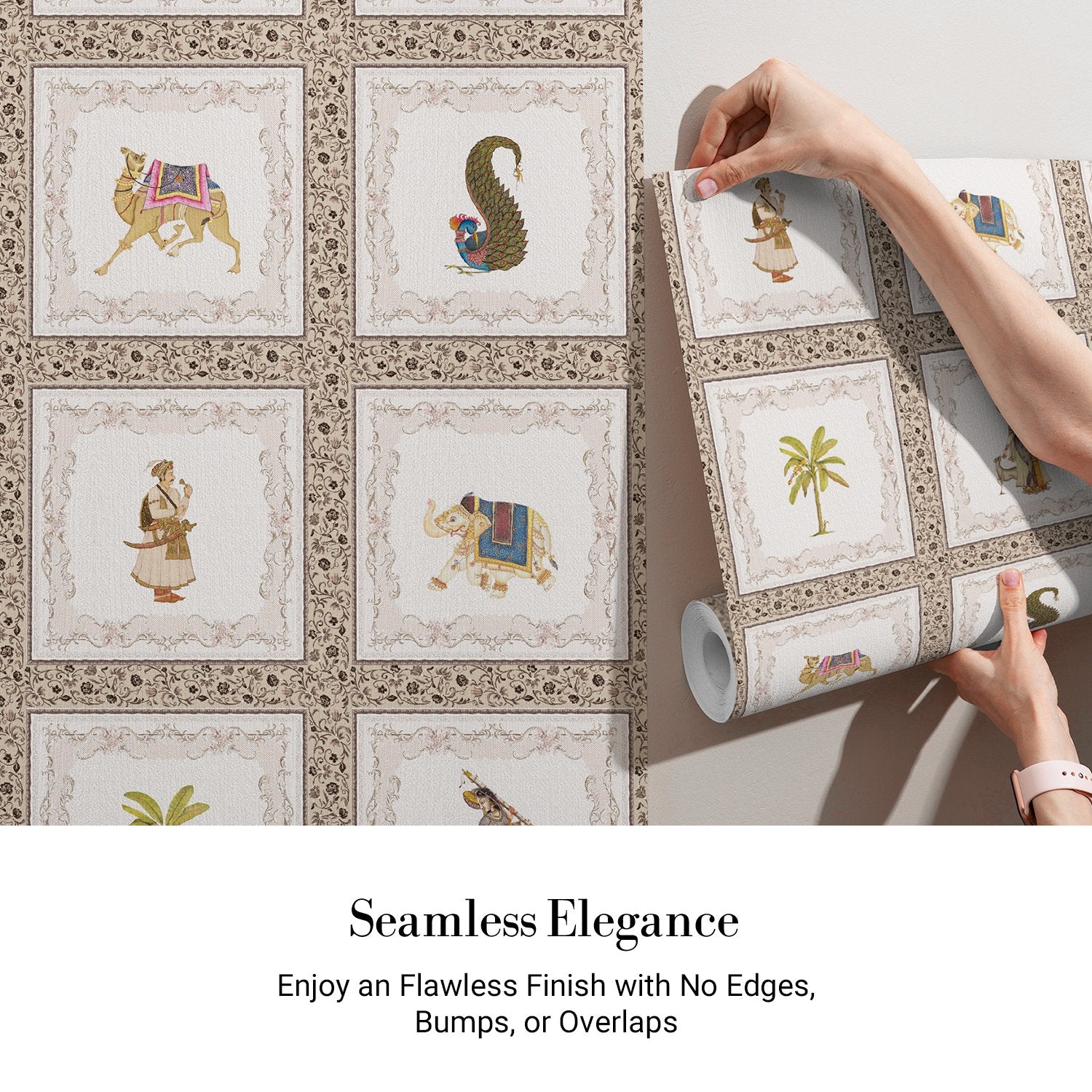 Traditional Mughal art panels featuring decorated elephants, palm trees and ornate border details - view 4 - final