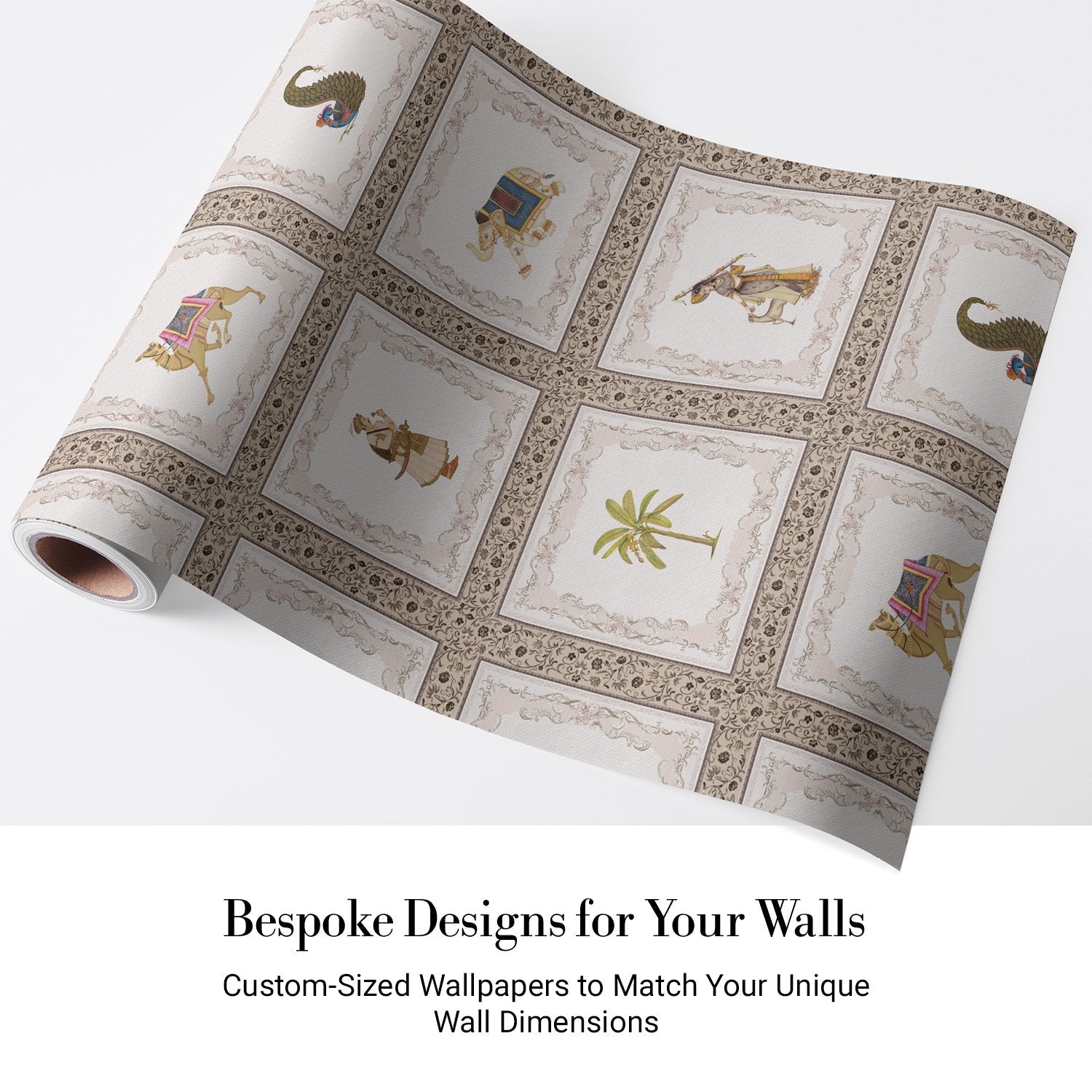 Traditional Mughal art panels featuring decorated elephants, palm trees and ornate border details - view 5 - final