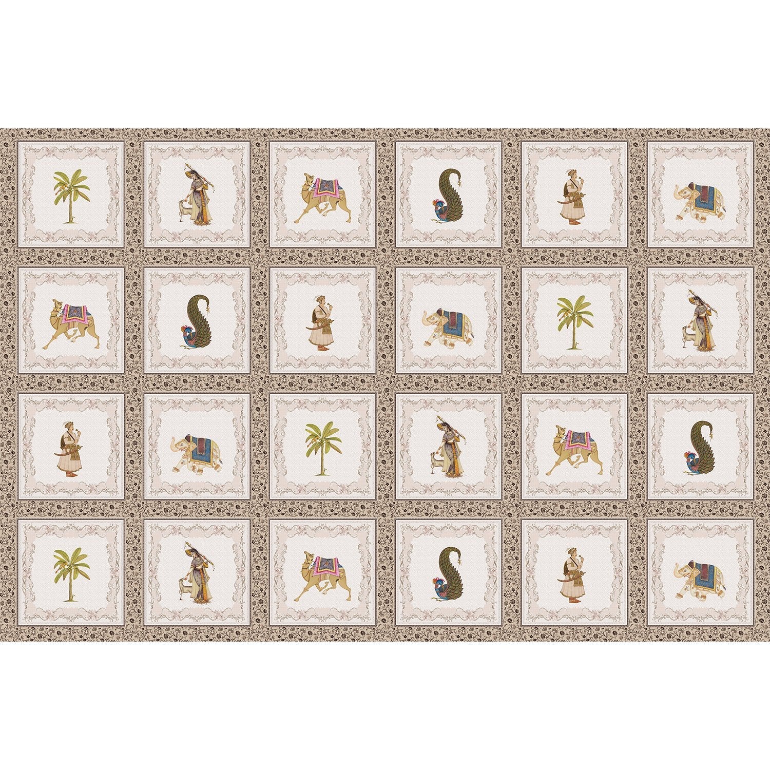 Traditional Mughal art panels featuring decorated elephants, palm trees and ornate border details - view 6 - repeat-full-square - final