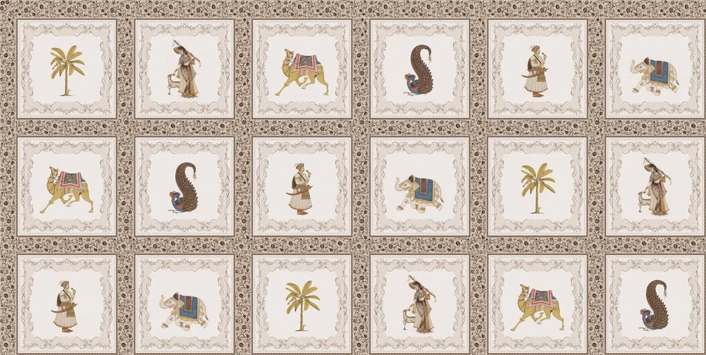 Traditional Mughal art panels featuring decorated elephants, palm trees and ornate border details - view 8 - repeat-original - final