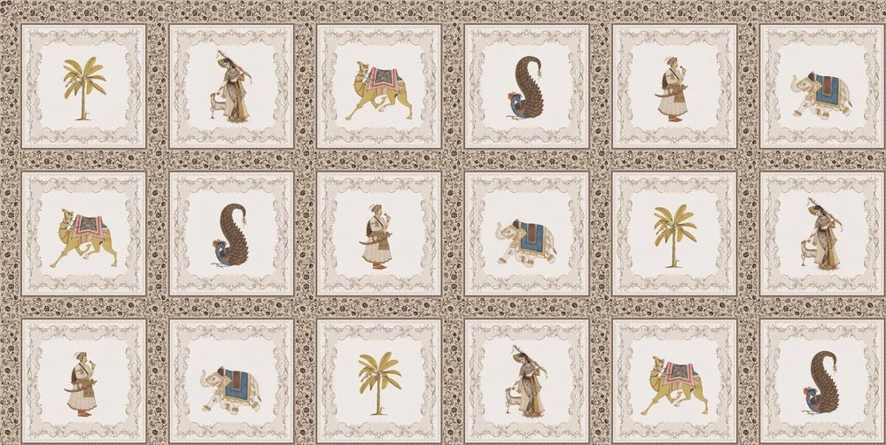 Traditional Mughal art panels featuring decorated elephants, palm trees and ornate border details - view 9 - repeat-small - final