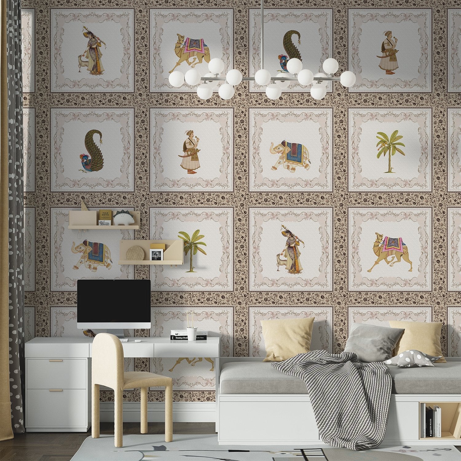 Traditional Mughal art panels featuring decorated elephants, palm trees and ornate border details - final bed-room