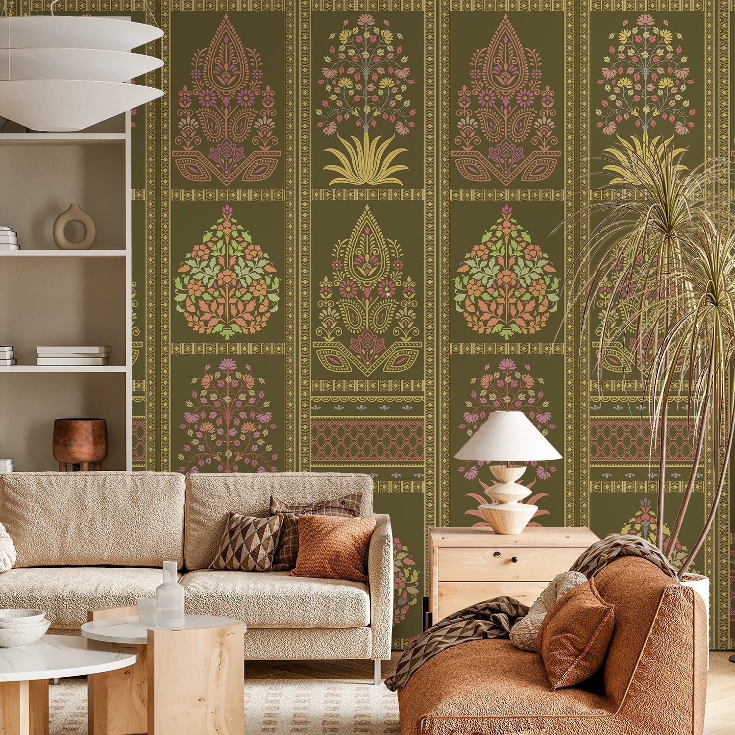 Traditional Mughal inspired brown and copper floral panels with ornate damask motifs - view 10 - final